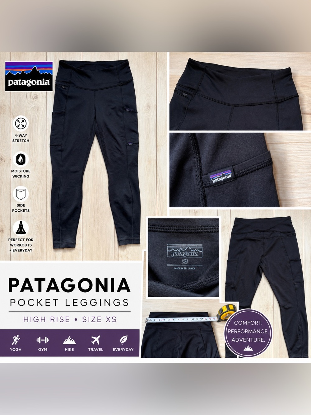 Patagonia Black Pocket Leggings XS High Rise Athletic Yoga Pants Stretch